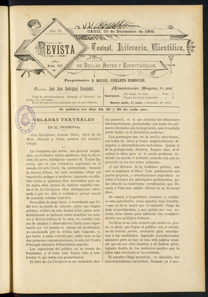 Miniatura de Revista Teatral, Literaria, Científica, de Bellas Artes y Espectáculos. Nº 327