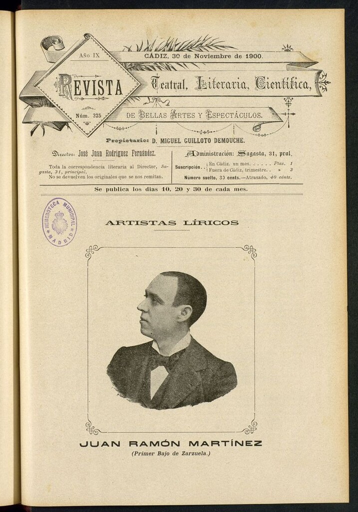 Miniatura de Revista Teatral, Literaria, Científica, de Bellas Artes y Espectáculos. Nº 325