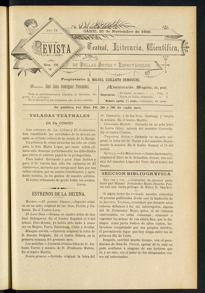 Miniatura de Revista Teatral, Literaria, Científica, de Bellas Artes y Espectáculos. Nº 324