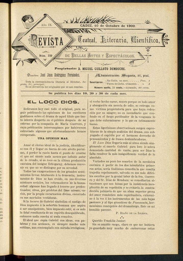 Miniatura de Revista Teatral, Literaria, Científica, de Bellas Artes y Espectáculos. Nº 320