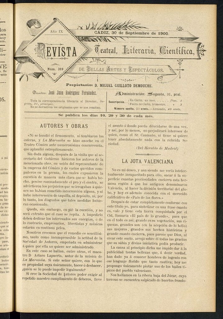 Miniatura de Revista Teatral, Literaria, Científica, de Bellas Artes y Espectáculos. Nº 319