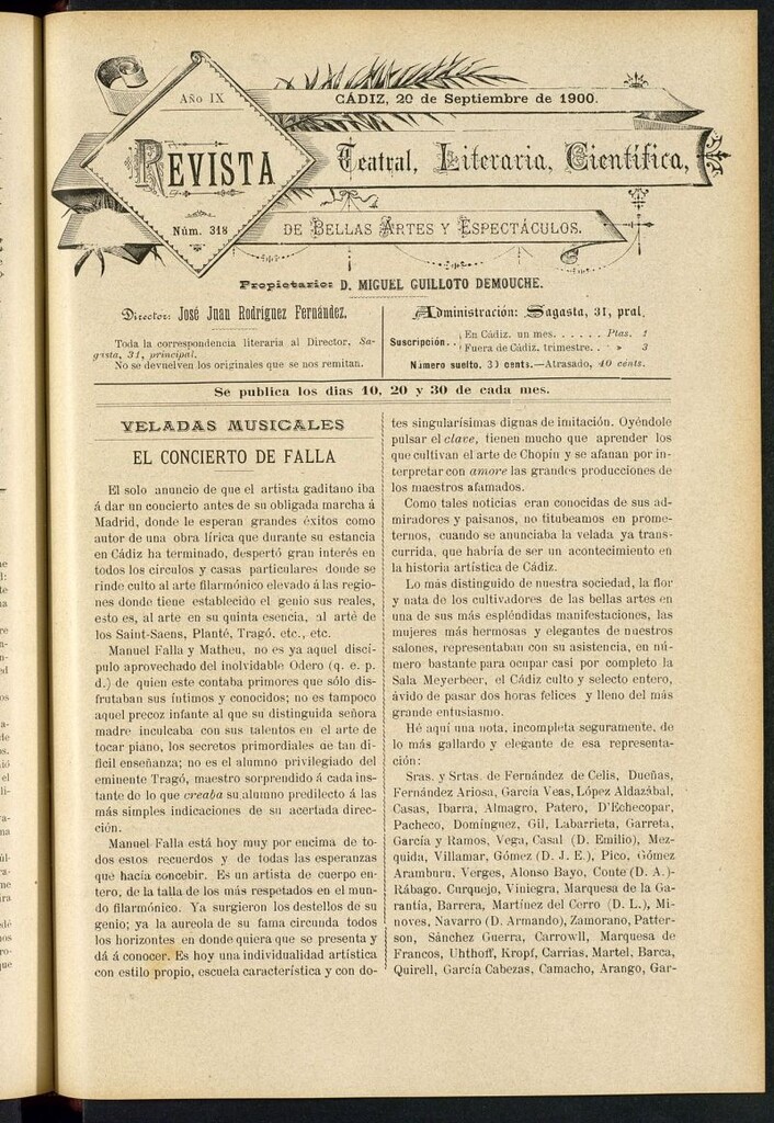 Miniatura de Revista Teatral, Literaria, Científica, de Bellas Artes y Espectáculos. Nº 318