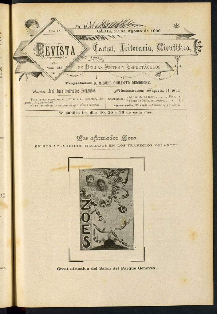 Miniatura de Revista Teatral, Literaria, Científica, de Bellas Artes y Espectáculos. Nº 315