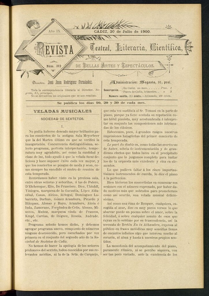 Miniatura de Revista Teatral, Literaria, Científica, de Bellas Artes y Espectáculos. Nº 312