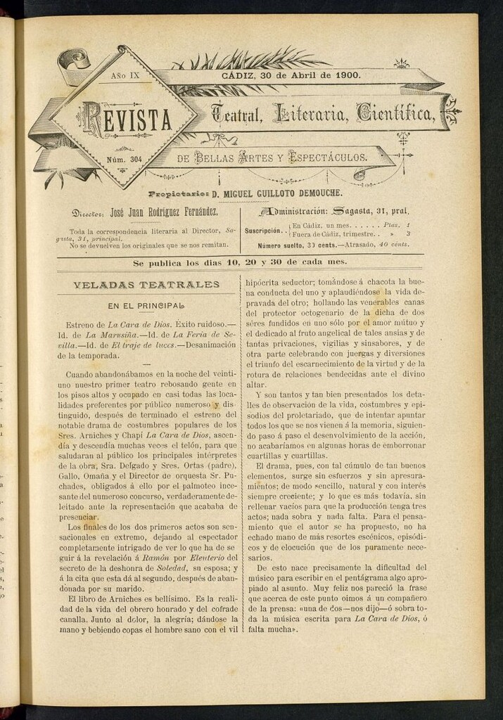 Miniatura de Revista Teatral, Literaria, Científica, de Bellas Artes y Espectáculos. Nº 304