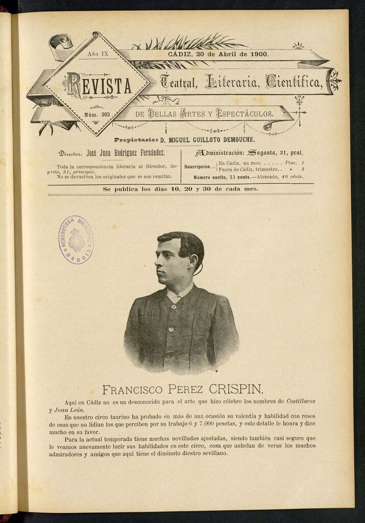 Miniatura de Revista Teatral, Literaria, Científica, de Bellas Artes y Espectáculos. Nº 303