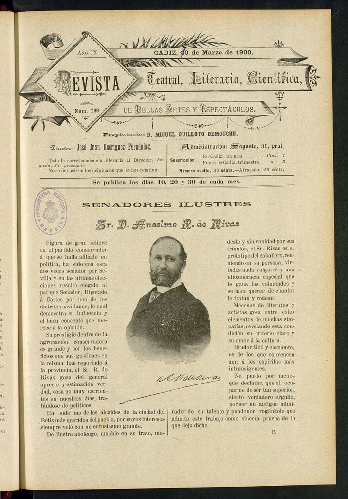 Miniatura de Revista Teatral, Literaria, Científica, de Bellas Artes y Espectáculos. Nº 299