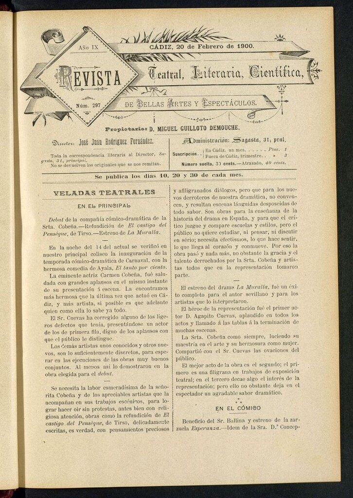 Miniatura de Revista Teatral, Literaria, Científica, de Bellas Artes y Espectáculos. Nº 297