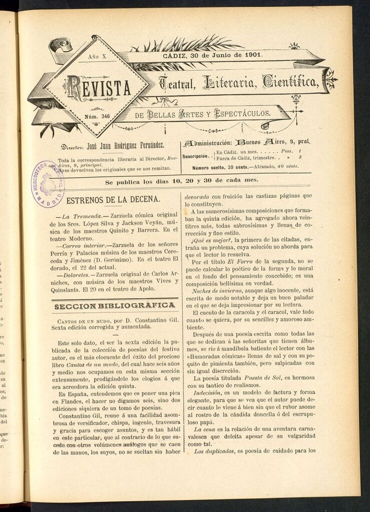 Miniatura de Revista Teatral, Literaria, Científica, de Bellas Artes y Espectáculos. Nº 346