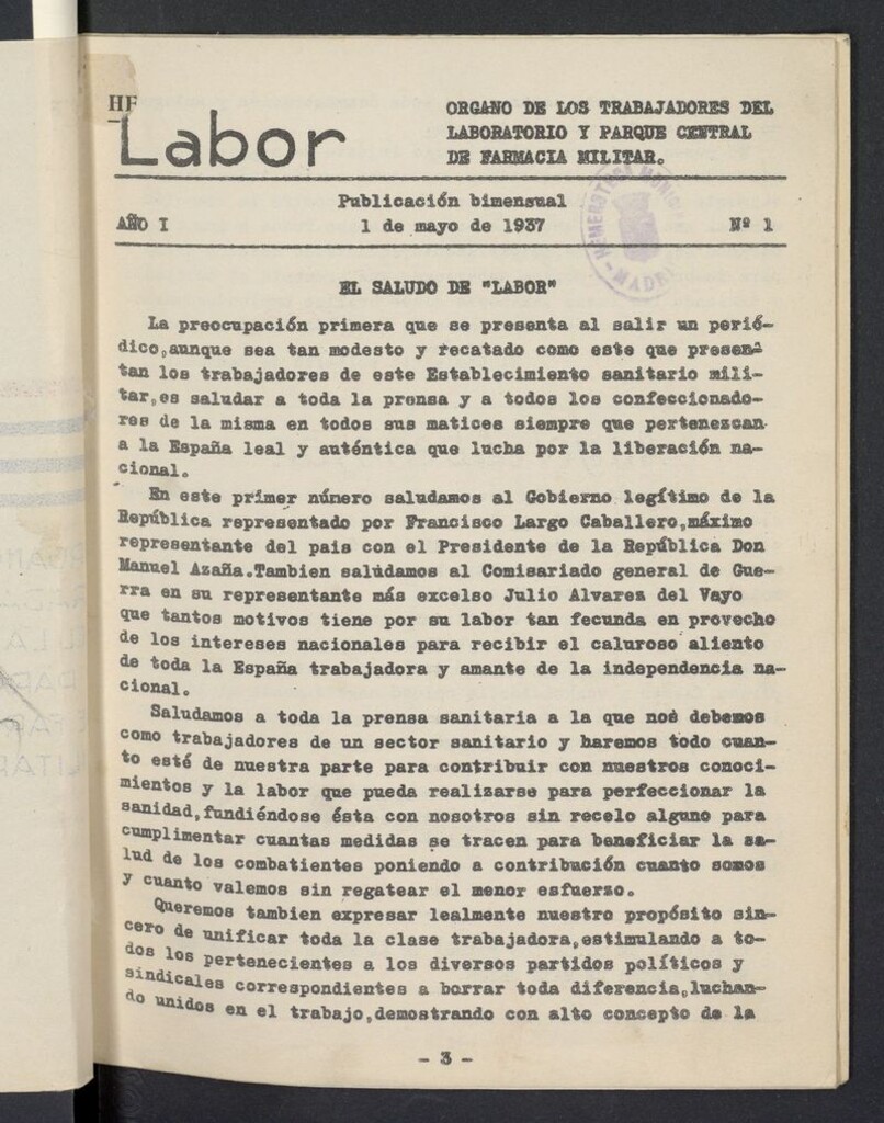 Miniatura de Labor: órgano de los Trabajadores del Laboratorio y Parque Central de Farmacia Militar