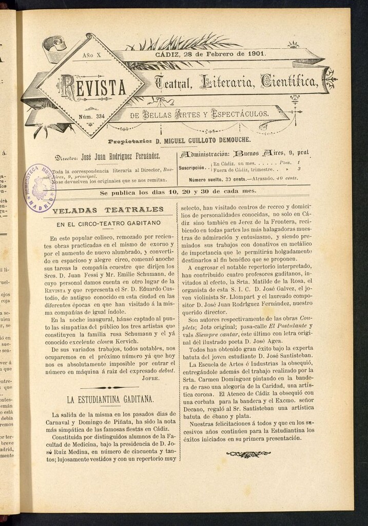 Miniatura de Revista Teatral, Literaria, Científica, de Bellas Artes y Espectáculos. Nº 334
