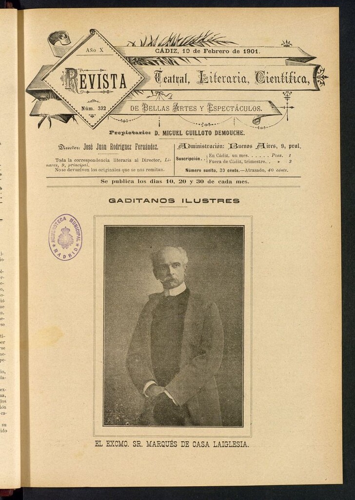 Miniatura de Revista Teatral, Literaria, Científica, de Bellas Artes y Espectáculos. Nº 332