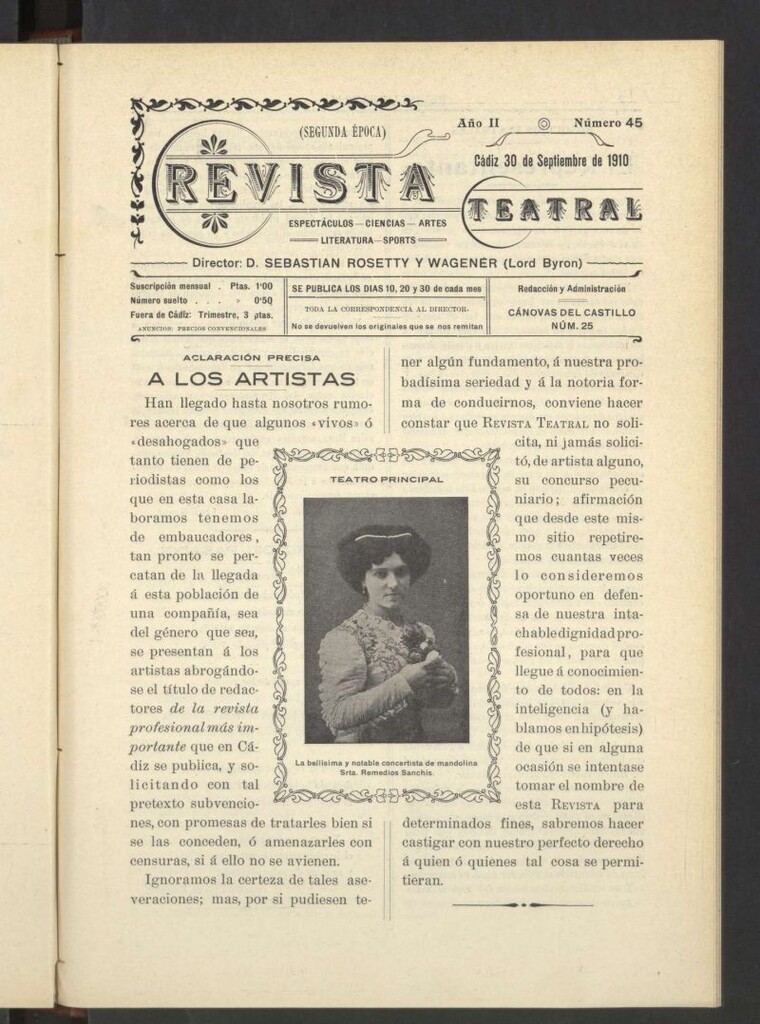 Miniatura de Revista Teatral, Literaria, Científica, de Bellas Artes y Espectáculos. Segunda época Nº 45