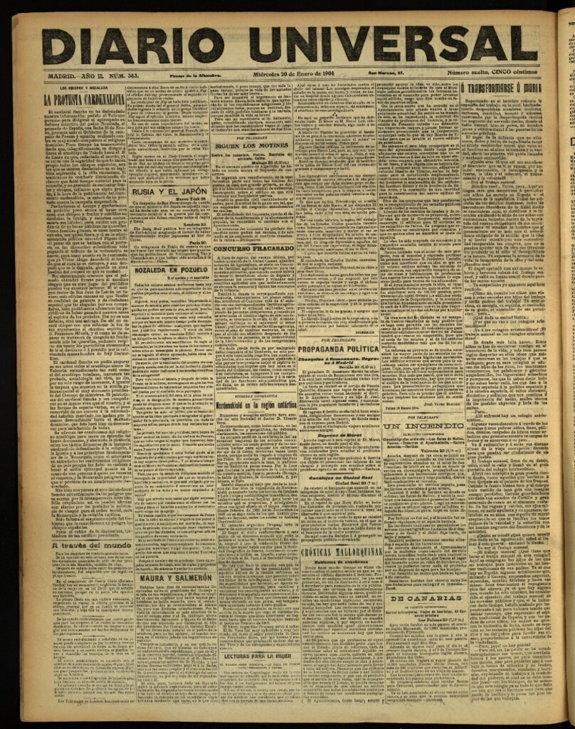 Miniatura de Diario Universal del 20 de enero de 1904, edición de noche