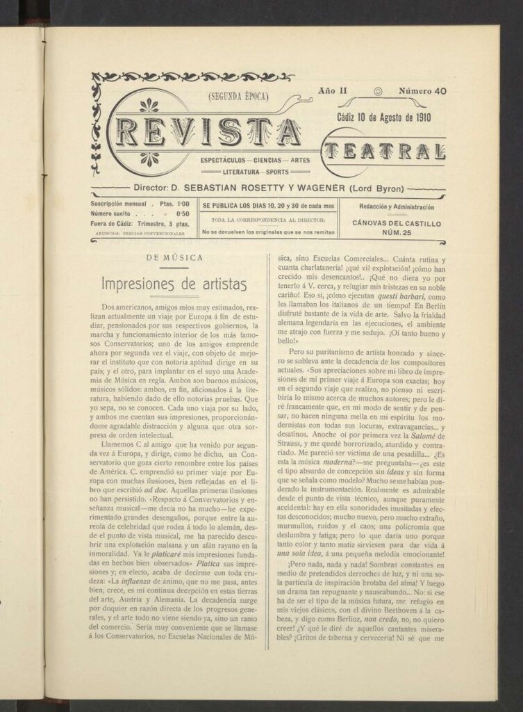 Miniatura de Revista Teatral, Literaria, Científica, de Bellas Artes y Espectáculos. Segunda época Nº 40