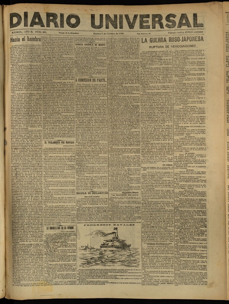 Miniatura de Diario Universal del 9 de febrero de 1904, edición de tarde