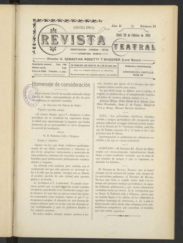 Miniatura de Revista Teatral, Literaria, Científica, de Bellas Artes y Espectáculos. Segunda época Nº 23