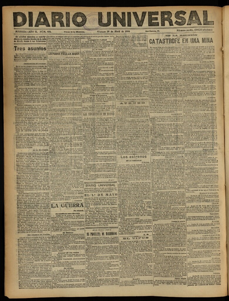 Miniatura de Diario Universal del 29 de abril de 1904, edición de noche