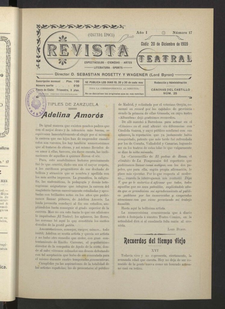 Miniatura de Revista Teatral, Literaria, Científica, de Bellas Artes y Espectáculos. Segunda época Nº 17