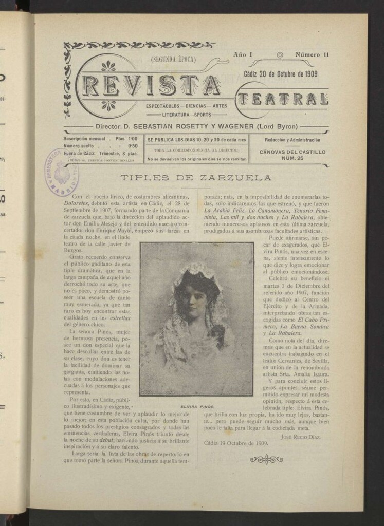 Miniatura de Revista Teatral, Literaria, Científica, de Bellas Artes y Espectáculos. Segunda época Nº 11