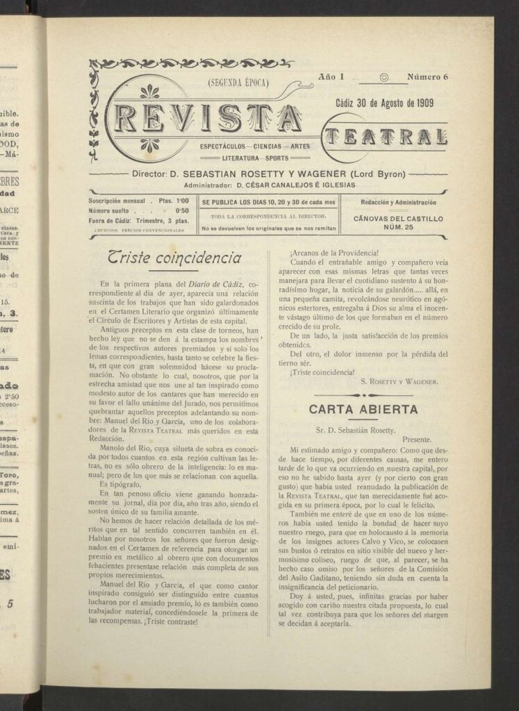 Miniatura de Revista Teatral, Literaria, Científica, de Bellas Artes y Espectáculos. Segunda época Nº 6