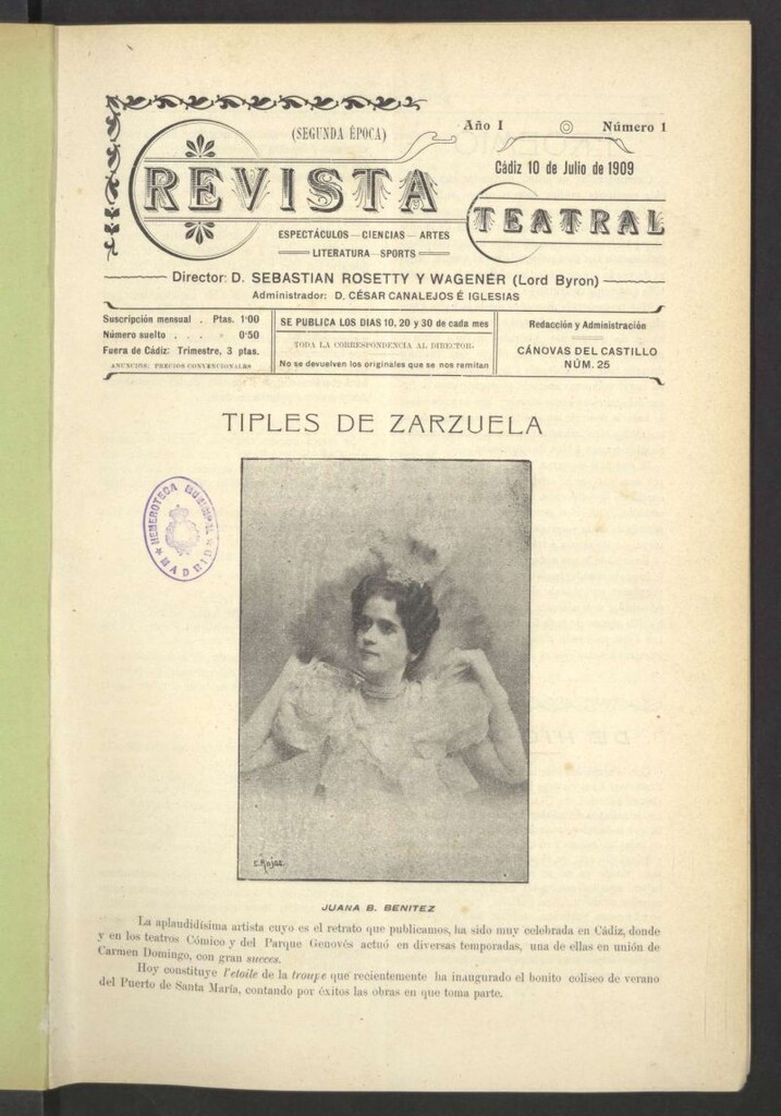 Miniatura de Revista Teatral, Literaria, Científica, de Bellas Artes y Espectáculos. Segunda época Nº 1
