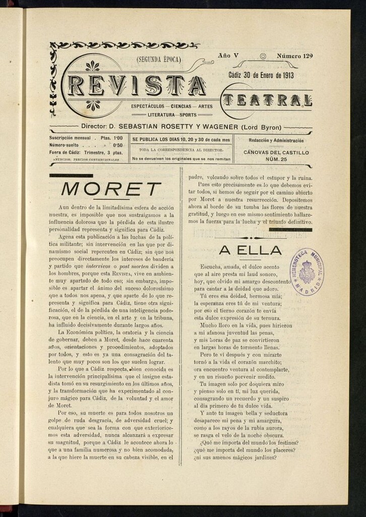Miniatura de Revista Teatral, Literaria, Científica, de Bellas Artes y Espectáculos. Segunda época Nº 129