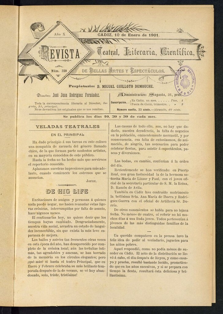 Miniatura de Revista Teatral, Literaria, Científica, de Bellas Artes y Espectáculos. Nº 329