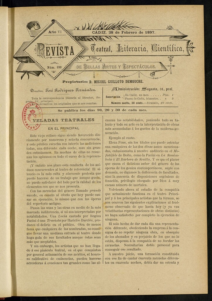 Miniatura de Revista Teatral, Literaria, Científica, de Bellas Artes y Espectáculos. Nº 190