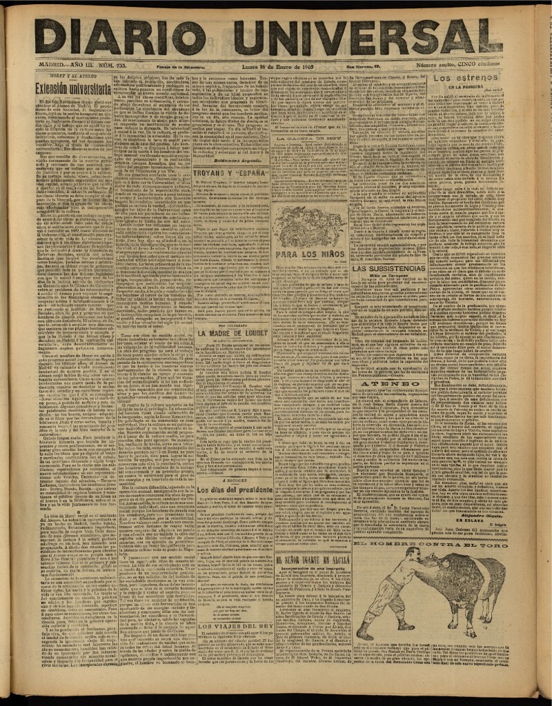 Miniatura de Diario Universal del 16 de enero de 1905, edición de tarde
