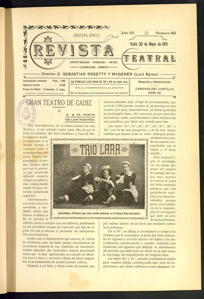 Miniatura de Revista Teatral, Literaria, Científica, de Bellas Artes y Espectáculos. Segunda época. Nº 69