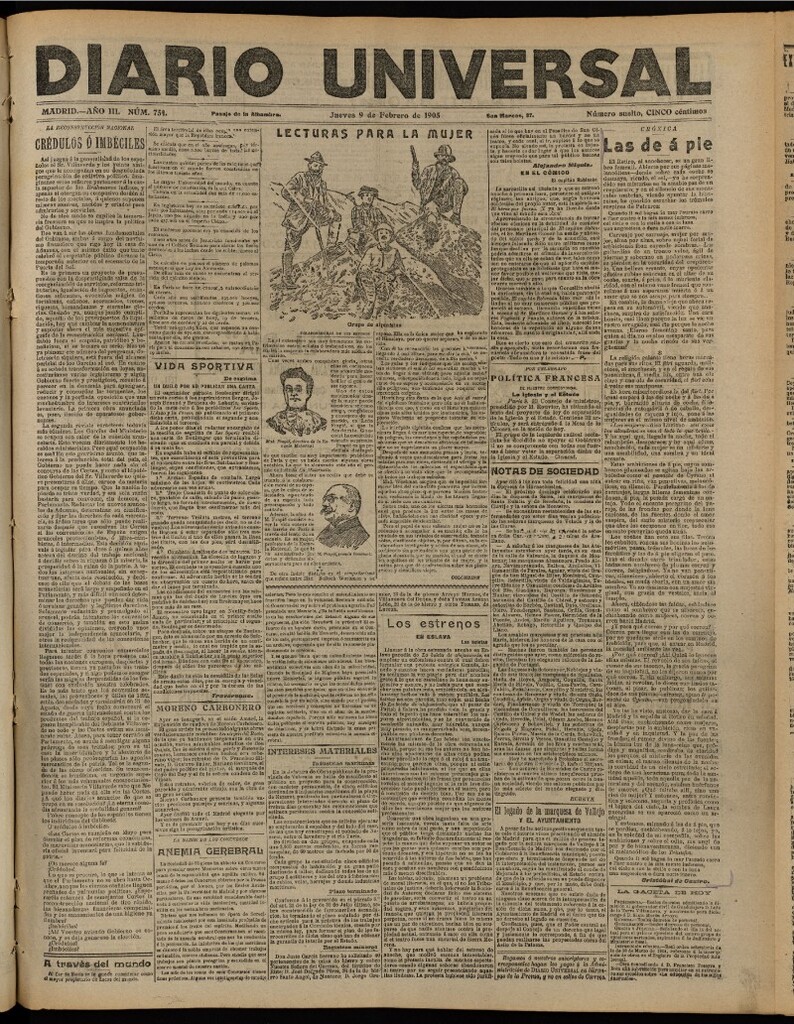Miniatura de Diario Universal del 9 de febrero de 1905, edición de tarde