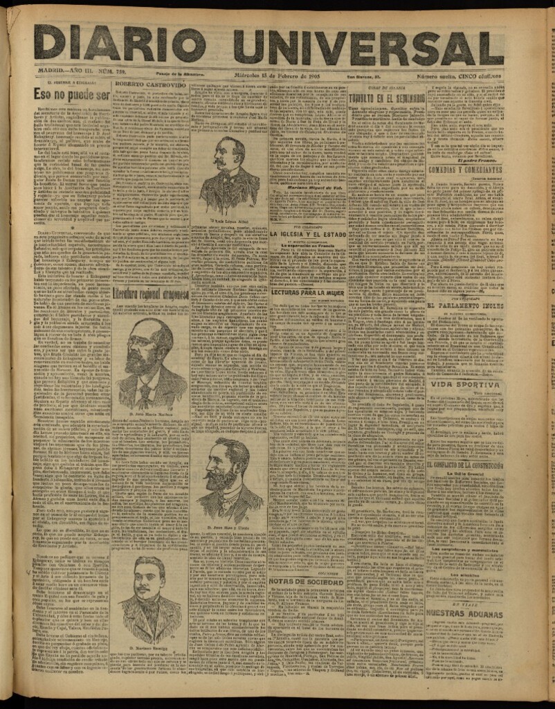Miniatura de Diario Universal del 15 de febrero de 1905, edición de tarde