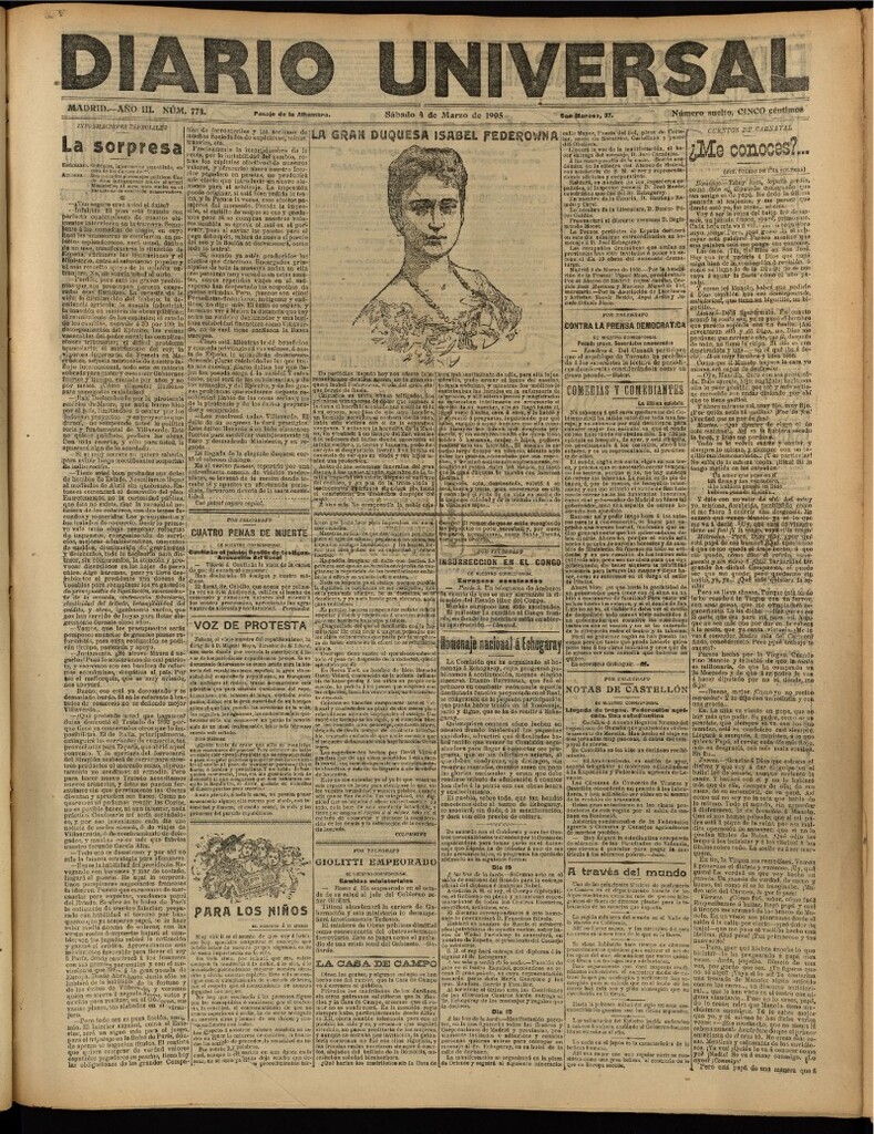 Miniatura de Diario Universal del 4 de marzo de 1905, edición de tarde
