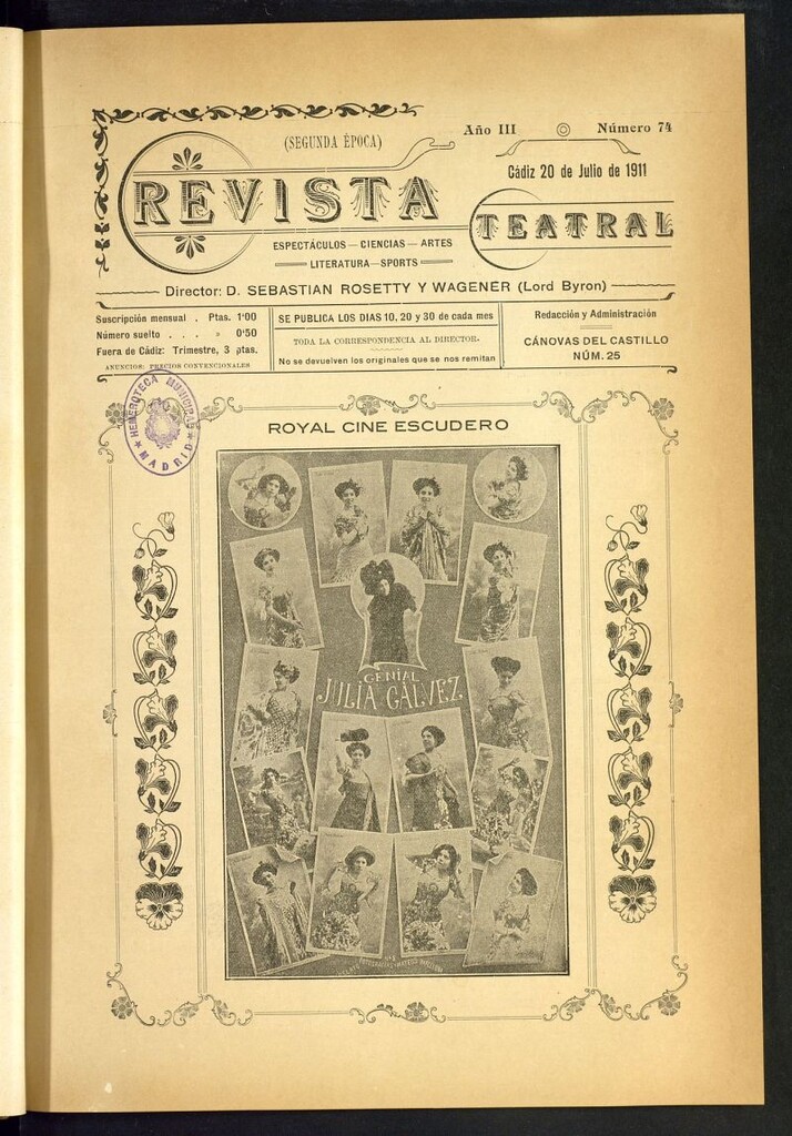 Miniatura de Revista Teatral, Literaria, Científica, de Bellas Artes y Espectáculos. Segunda época. Nº 74