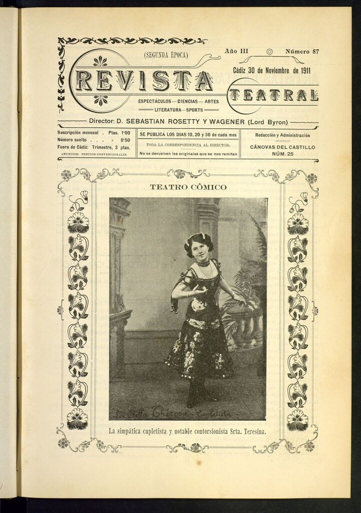 Miniatura de Revista Teatral, Literaria, Científica, de Bellas Artes y Espectáculos. Segunda época. Nº 87