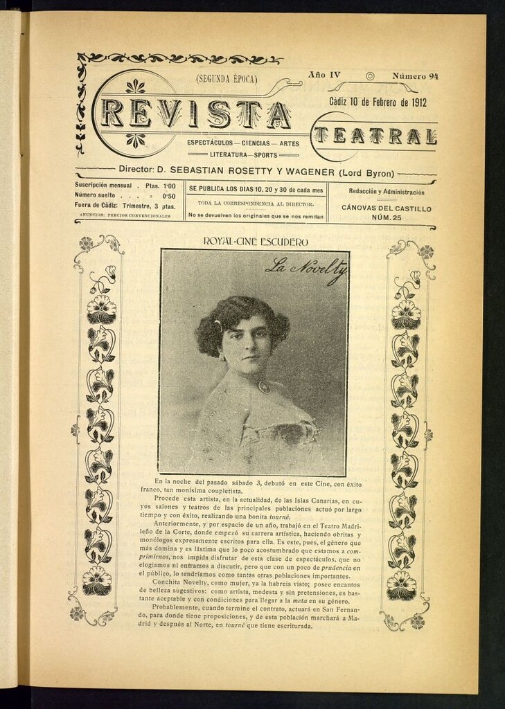 Miniatura de Revista Teatral, Literaria, Científica, de Bellas Artes y Espectáculos. Segunda época. Nº 94