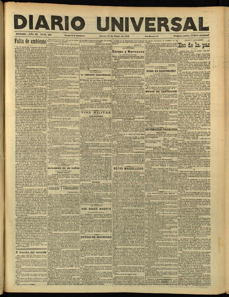 Miniatura de Diario Universal del 15 de junio de 1905, edición de tarde