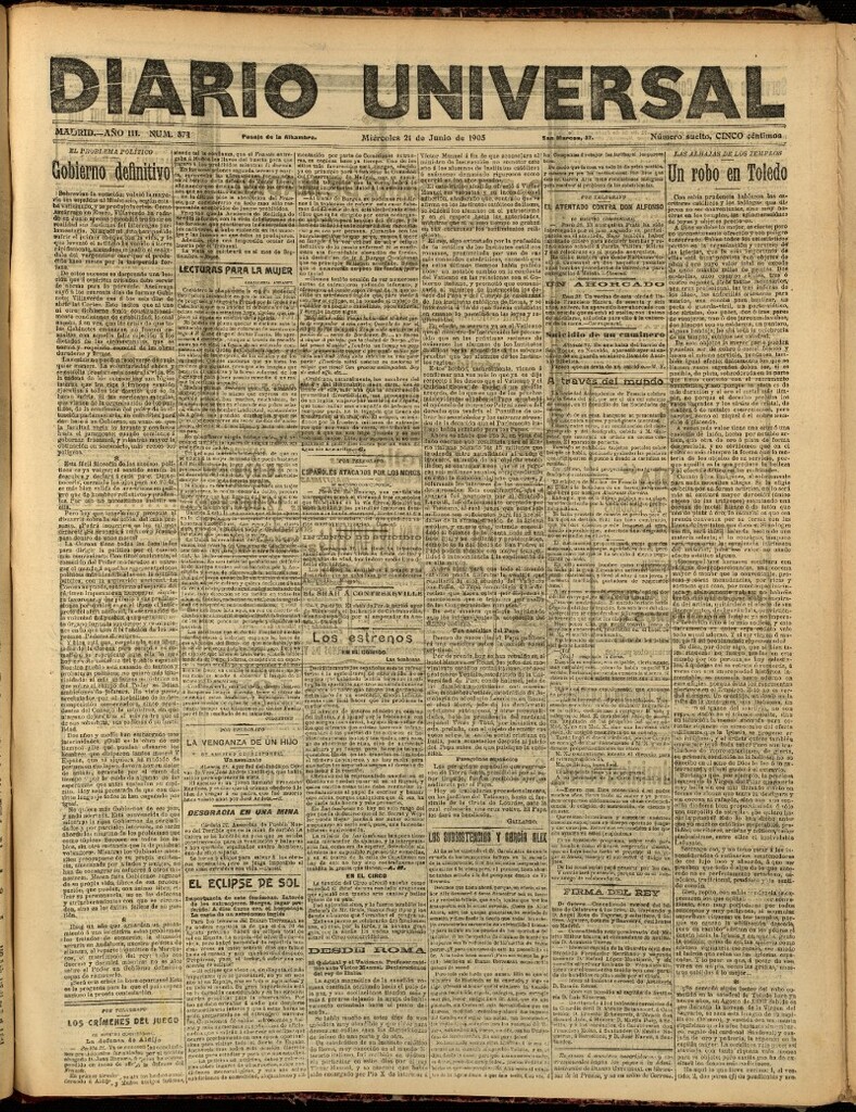 Miniatura de Diario Universal del 21 de junio de 1905, edición de noche