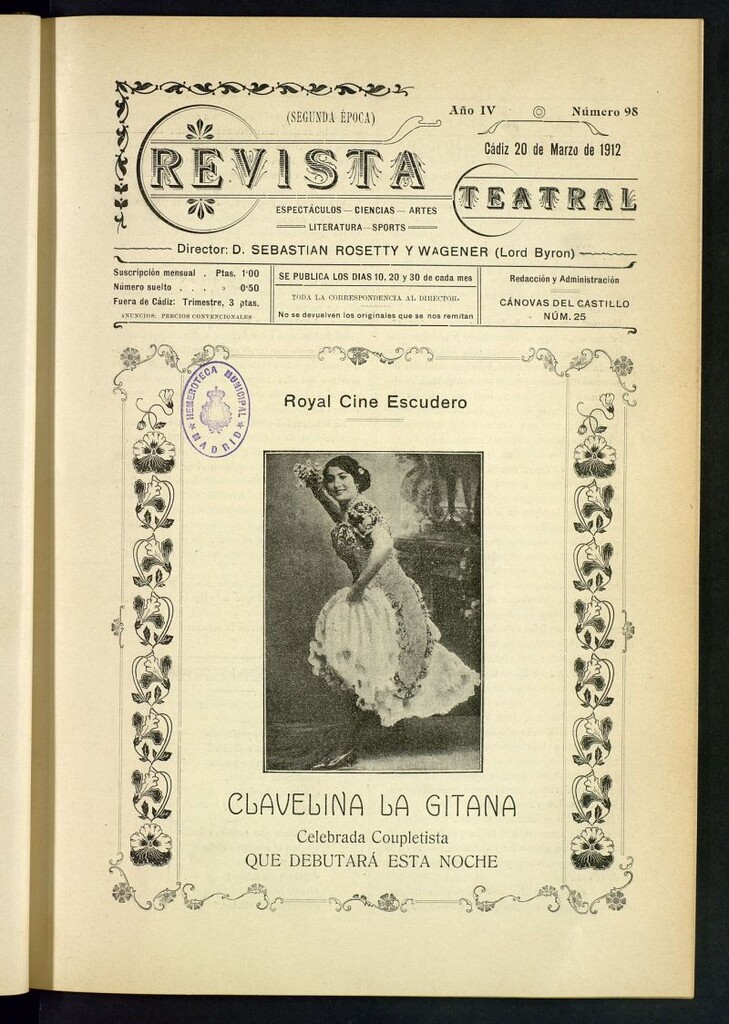 Miniatura de Revista Teatral, Literaria, Científica, de Bellas Artes y Espectáculos. Segunda época. Nº 98