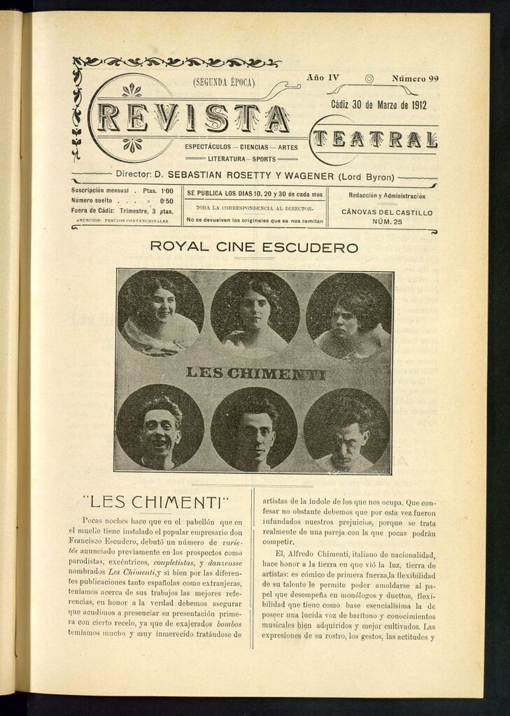 Miniatura de Revista Teatral, Literaria, Científica, de Bellas Artes y Espectáculos. Segunda época. Nº 99
