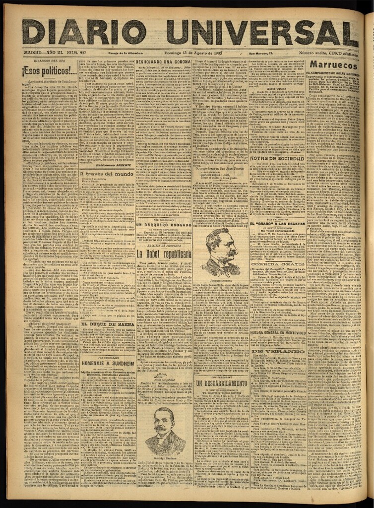 Miniatura de Diario Universal del 13 de agosto de 1905, edición de noche
