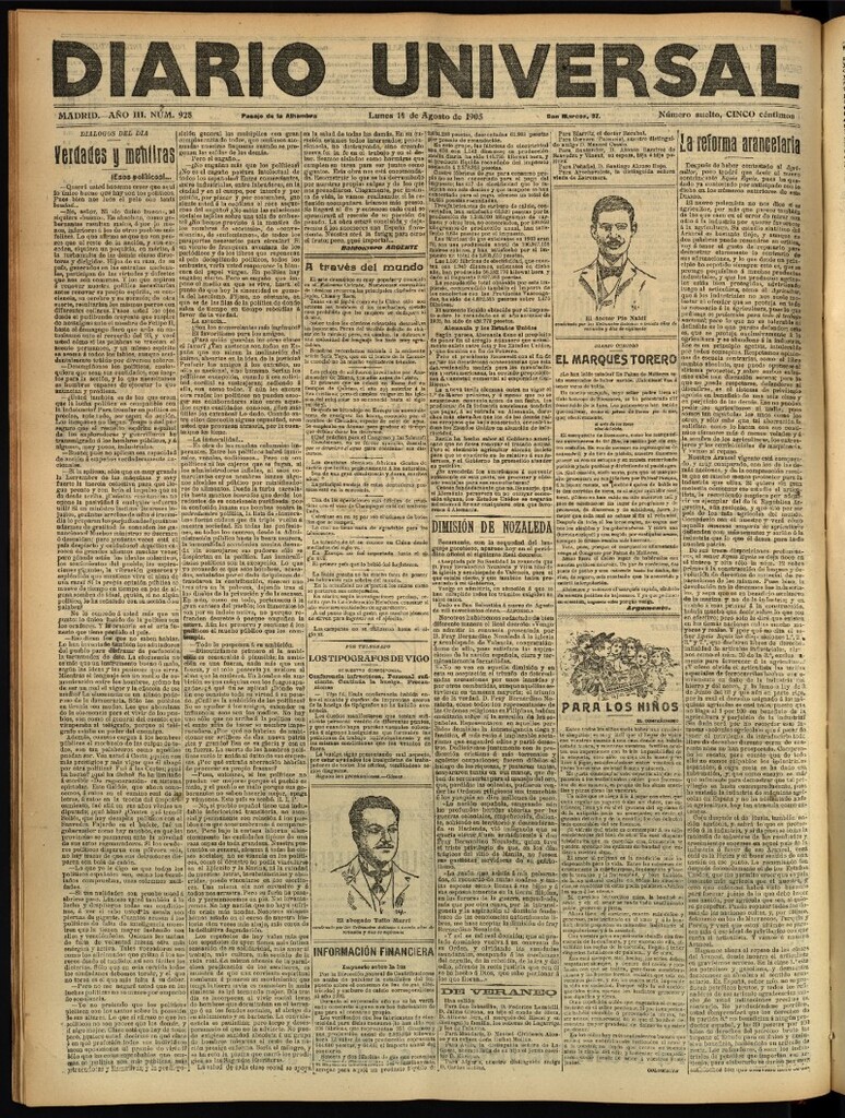 Miniatura de Diario Universal del 14 de agosto de 1905, edición de tarde