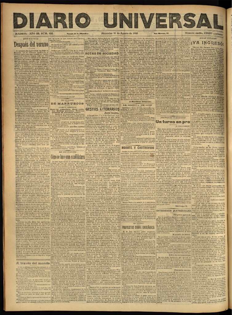 Miniatura de Diario Universal del 16 de agosto de 1905, edición de noche