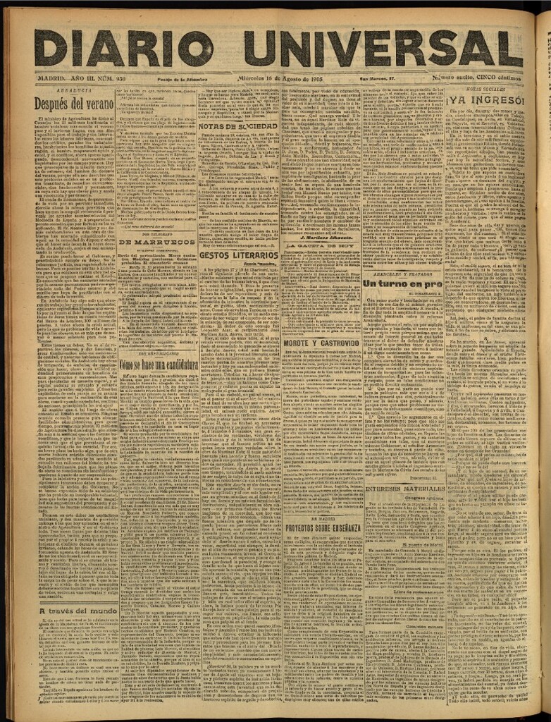 Miniatura de Diario Universal del 16 de agosto de 1905, edición de tarde