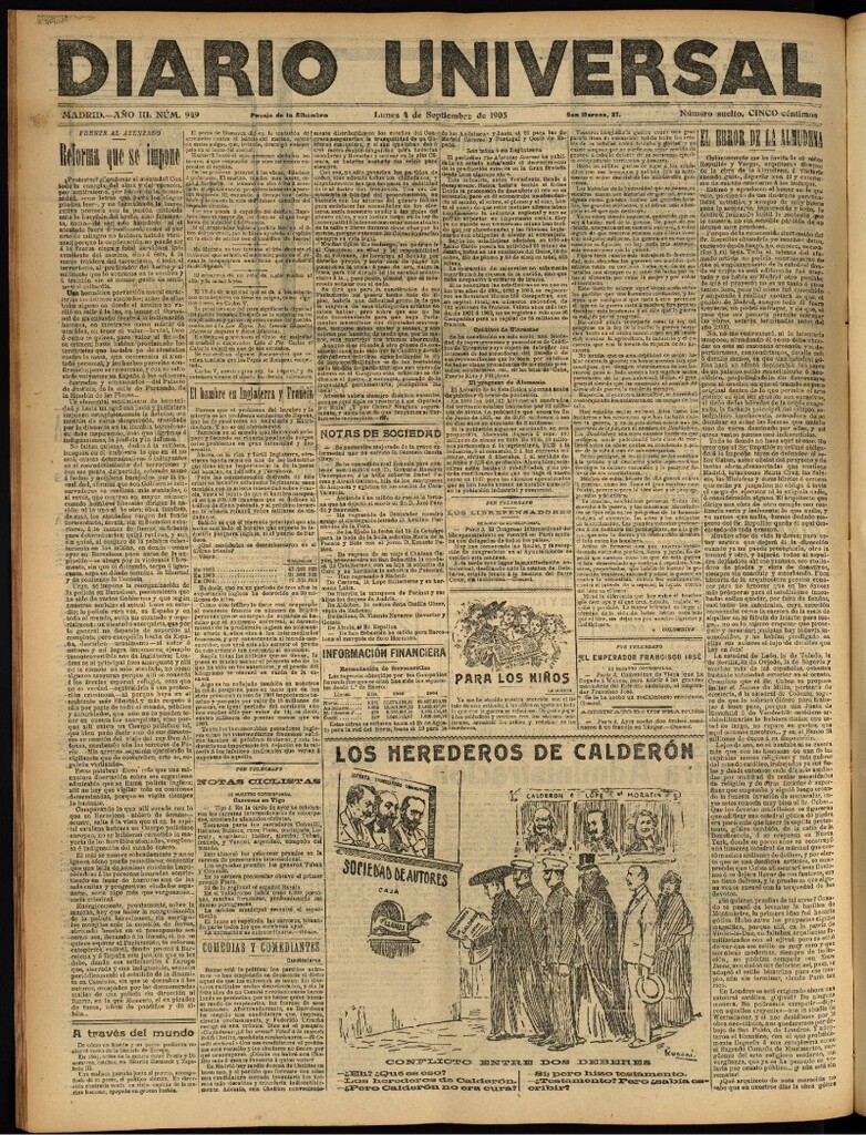 Miniatura de Diario Universal del 4 de septiembre de 1905, edición de tarde