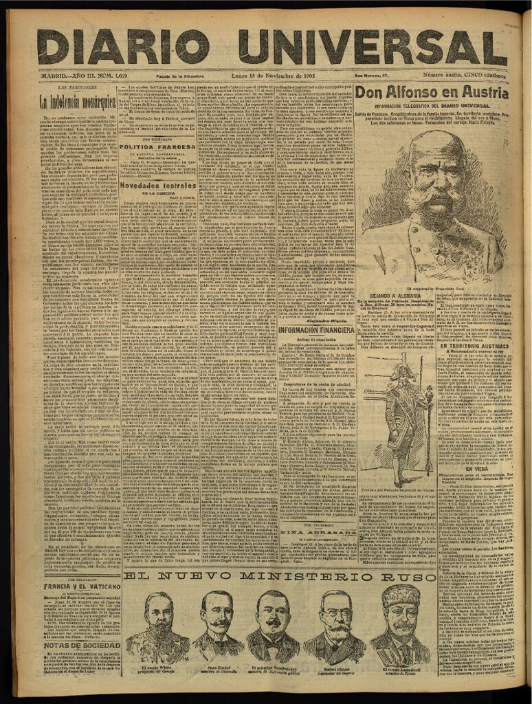 Miniatura de Diario Universal del 13 de noviembre de 1905, edición de tarde