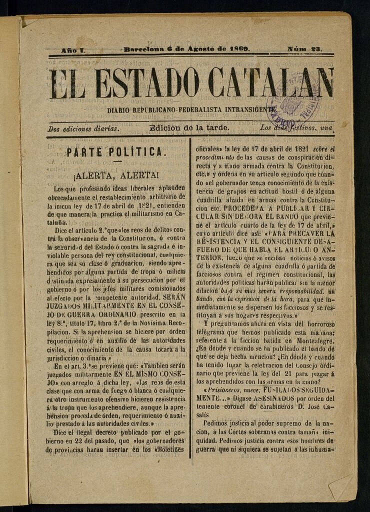 Miniatura de El Estado Catalán : diario republicano federalista intransigente del 6 de agosto de 1869