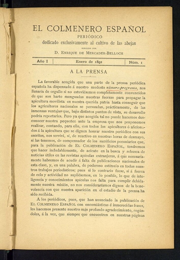 Miniatura de El Colmenero Español : periódico dedicado exclusivamente al cultivo de las abejas de enero de 1892