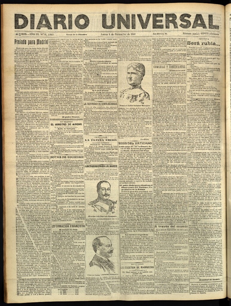 Miniatura de Diario Universal del 4 de diciembre de 1905, edición de tarde